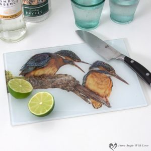 'Domestic Bliss' Kingfisher Glass Chopping Board by Wildlife Artist Angie