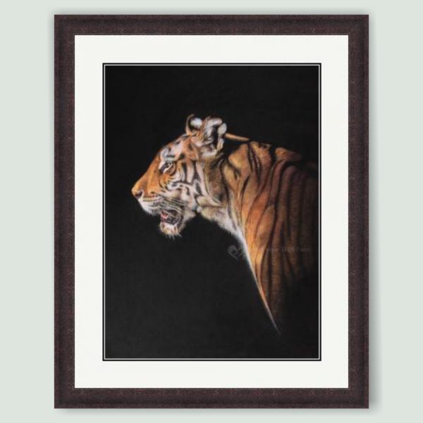 'The Huntress' - Bengal Tiger art print in Mahogany frame by wildlife artist Angie