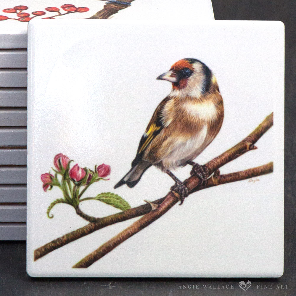 UK Garden Bird Collection - Goldfinch ceramic coaster by wildlife artist Angie.