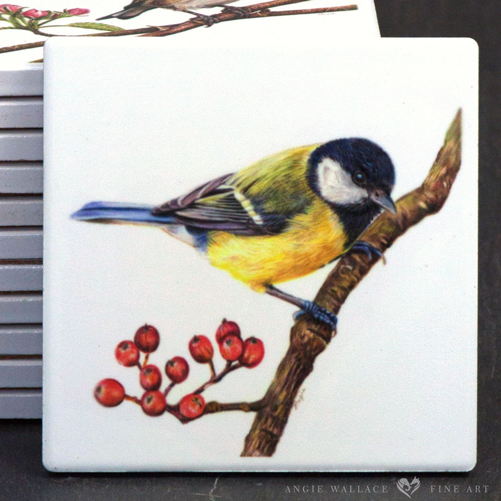 UK Garden Bird Collection - Great Tit ceramic coaster by wildlife artist Angie.