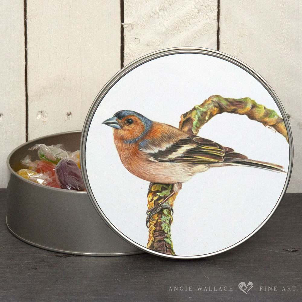 UK Garden Bird Collection - Chaffinch round storage tin by wildlife artist Angie.