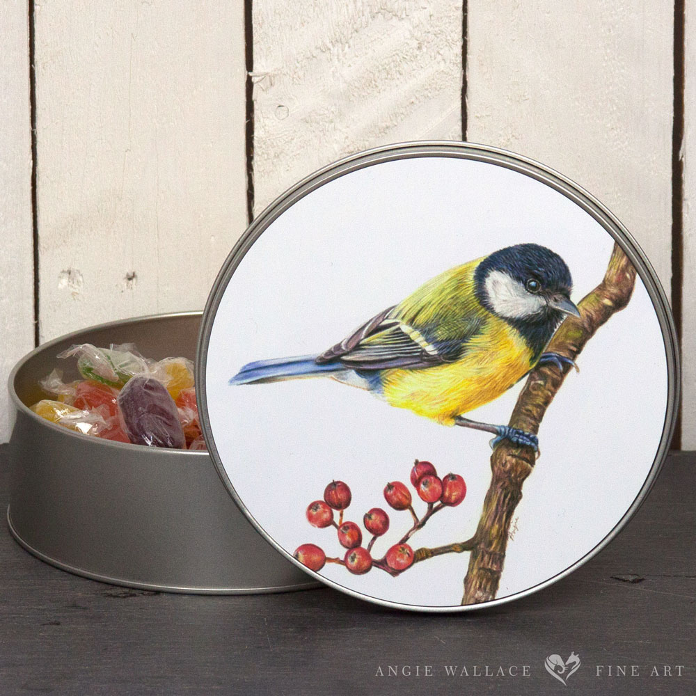 UK Garden Bird Collection - Great Tit round storage tin by wildlife artist Angie.