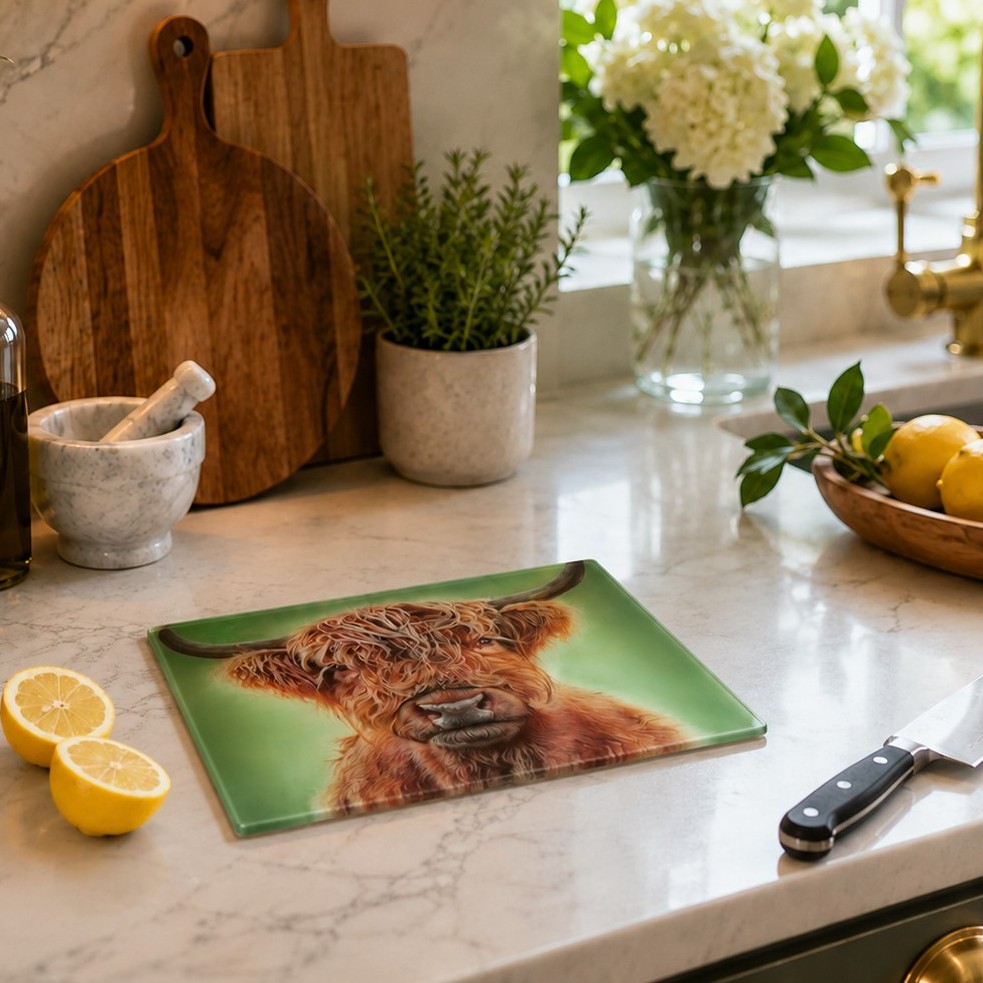 'Hamish' Highland Cow Glass Chopping Board by Wildlife Artist Angie