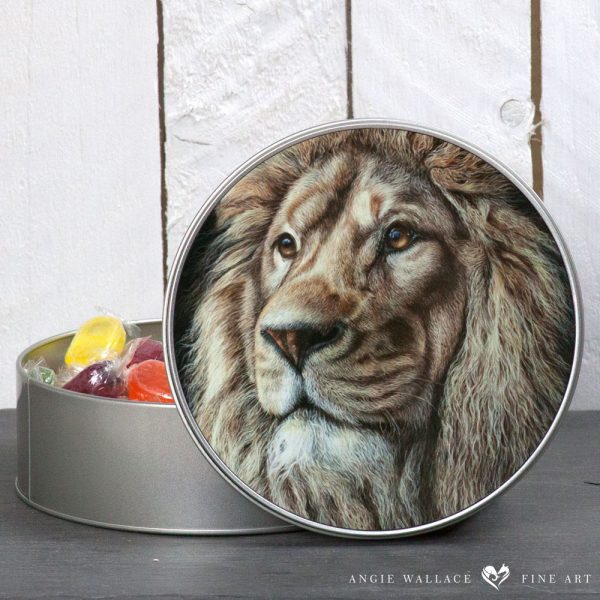 'Inkosi' Lion round storage tin by wildlife artist Angie.