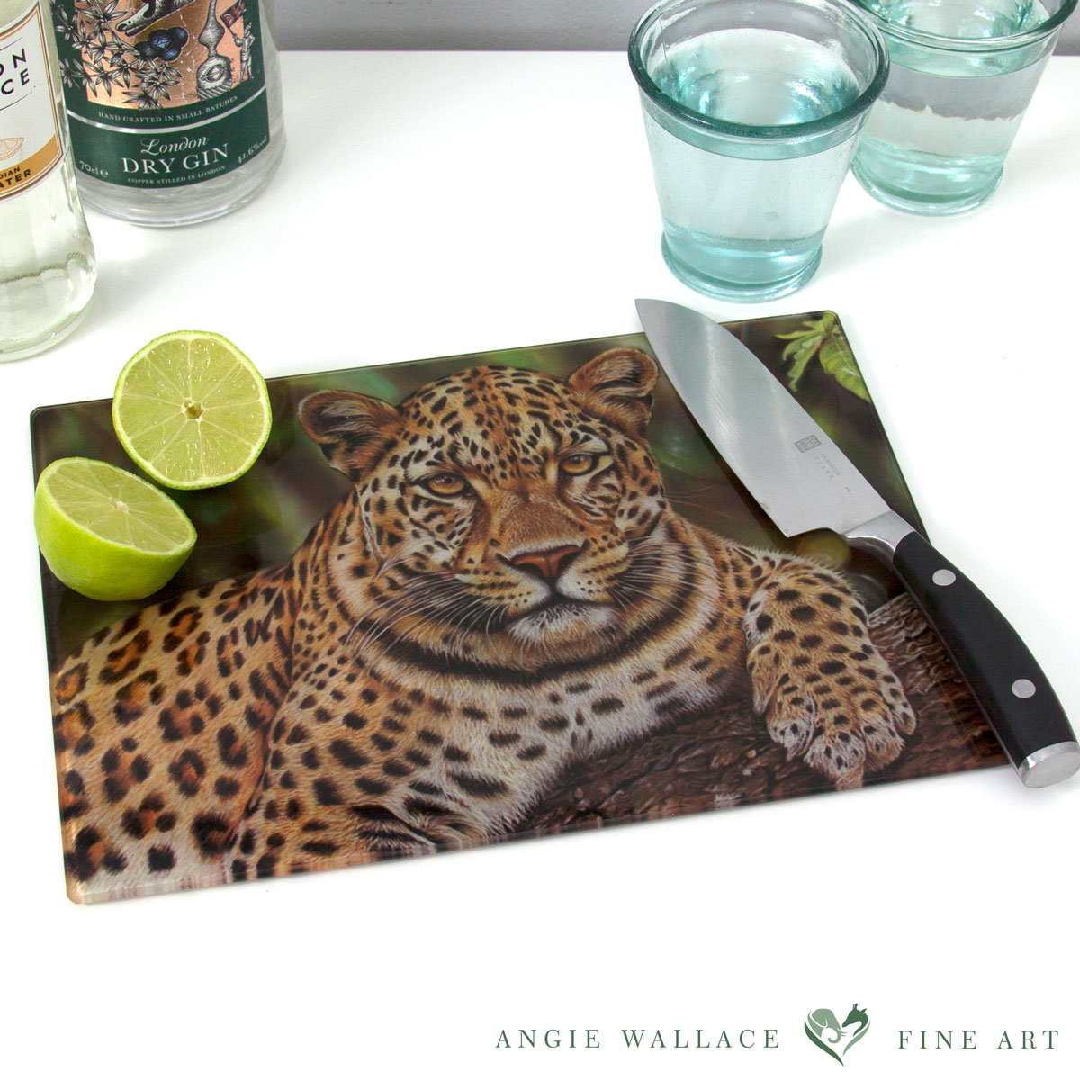 'Serenity' Leopard glass chopping board by wildlife artist Angie.