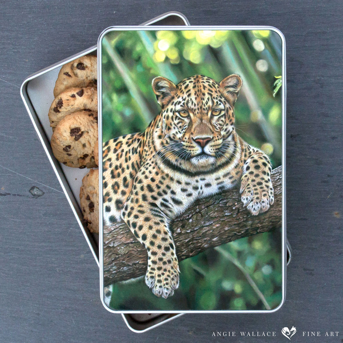 'Serenity' Leopard rectangular storage tin by wildlife artist Angie.