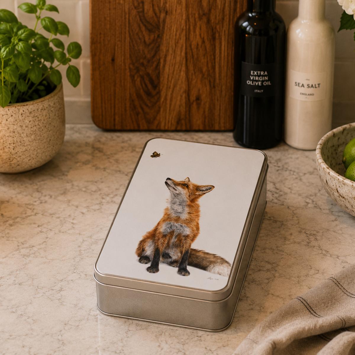 Red Fox Biscuit Tin - Fluttering Heights by Wildlife Artist Angie