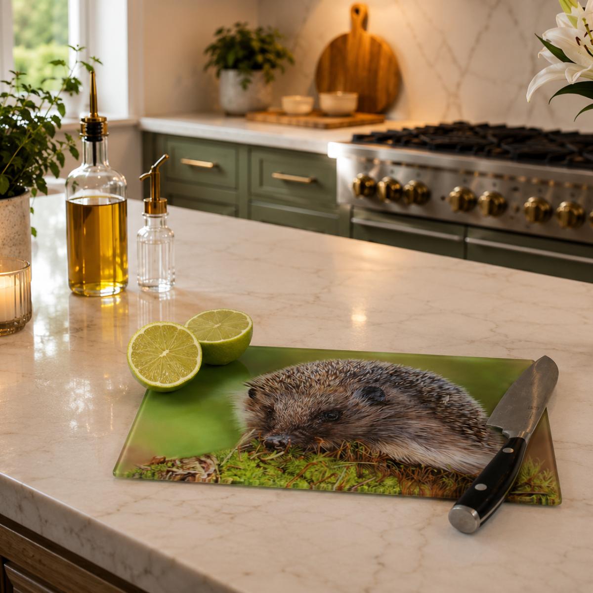 'The Forager' Hedgehog Glass Chopping Board by Wildlife Artist Angie