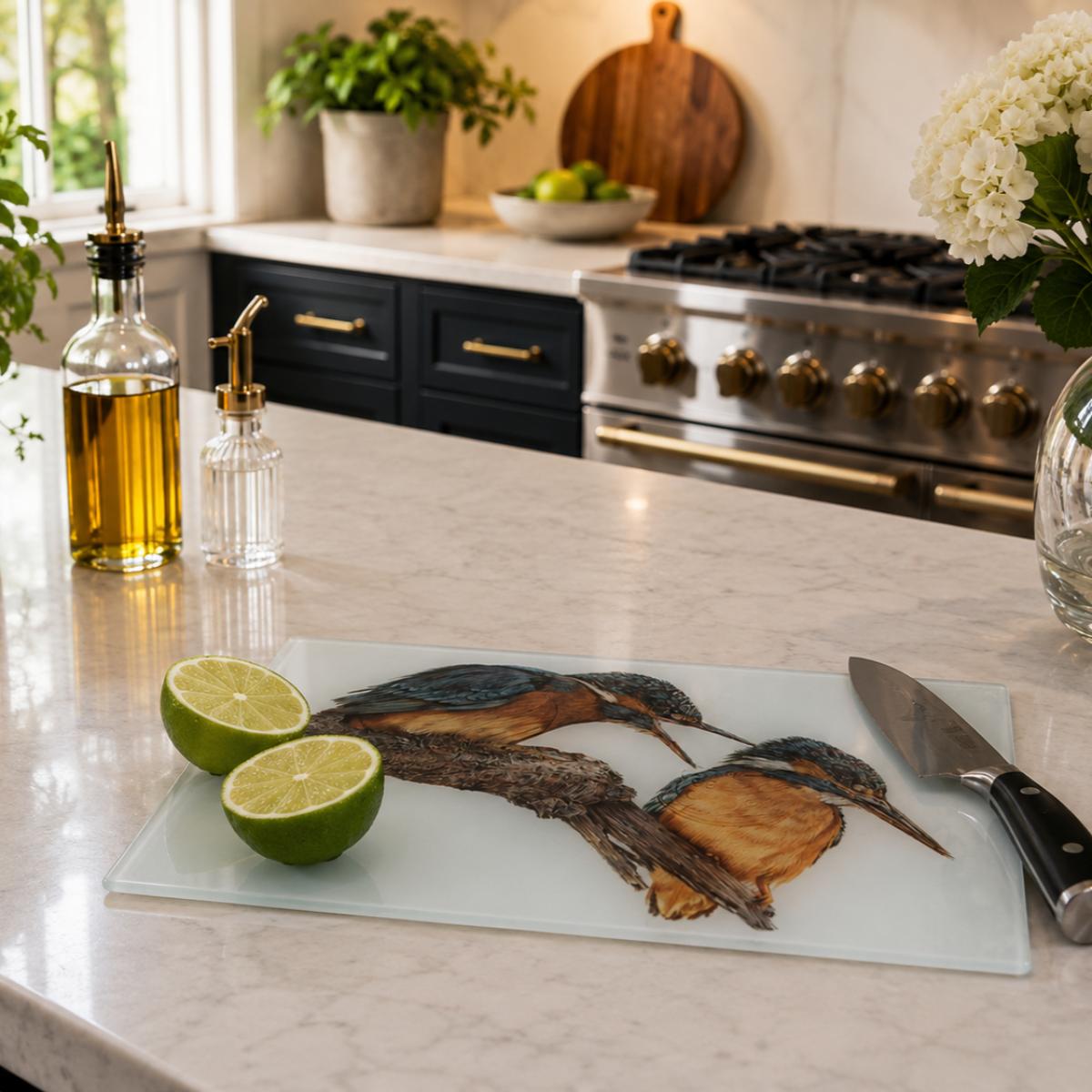 'Domestic Bliss' Kingfisher Glass Chopping Board by Wildlife Artist Angie