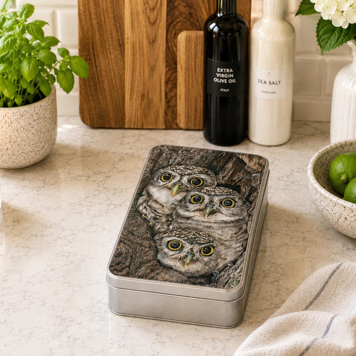 Little Owl Biscuit Tin - Fledging Day by Wildlife Artist Angie