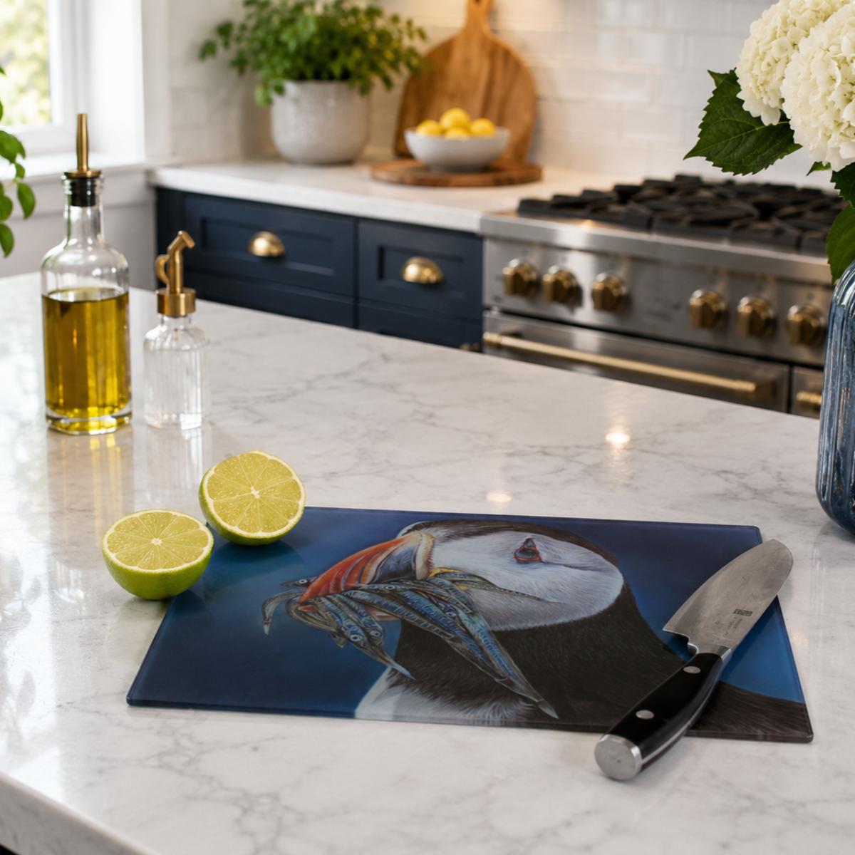 'Farne Island Feast' Puffin Glass Chopping Board by Wildlife Artist Angie
