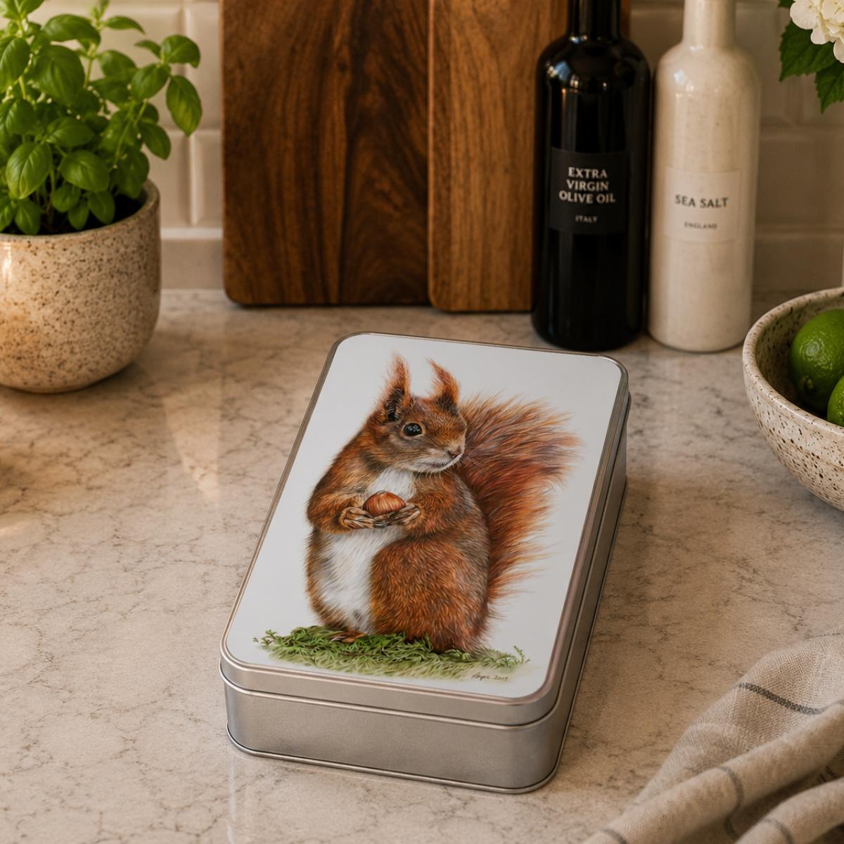 Red Squirrel Biscuit Tin - Caching In by Wildlife Artist Angie