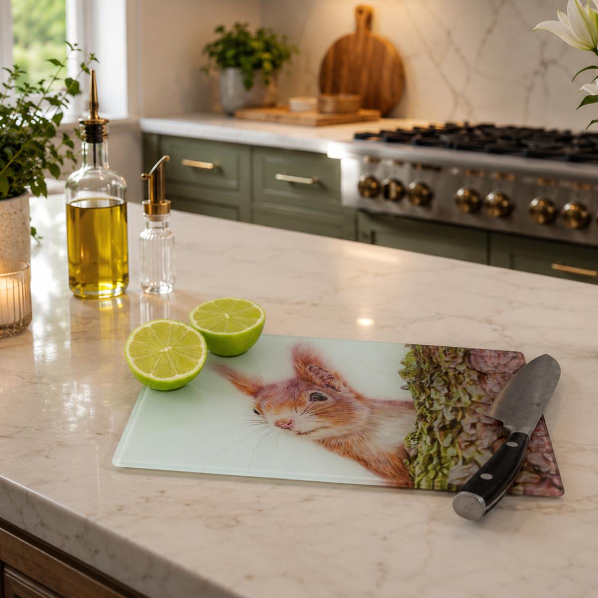 'Red Alert' Red Squirrel Glass Chopping Board by Wildlife Artist Angie