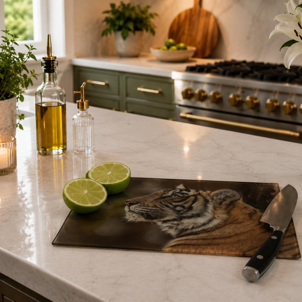'Spirit of Ranthambore' Tiger Glass Chopping Board by Wildlife Artist Angie