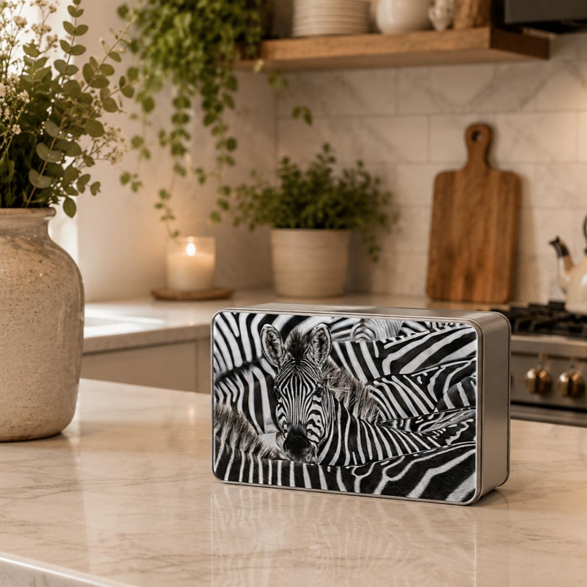Zebra Biscuit Tin - Lost in a Crowd by Wildlife Artist Angie