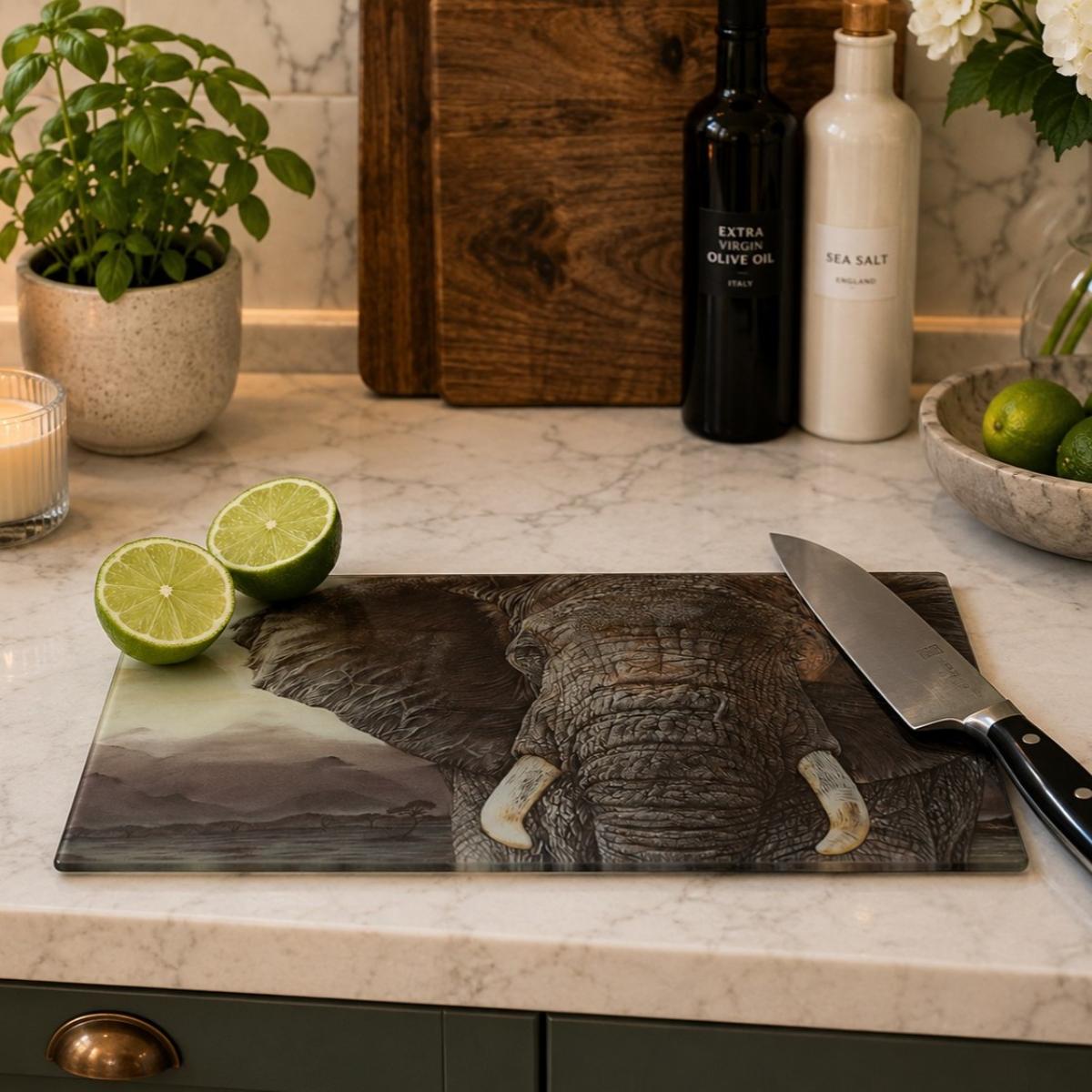 'Tembo' Elephant Portrait Glass Chopping Board by Wildlife Artist Angie