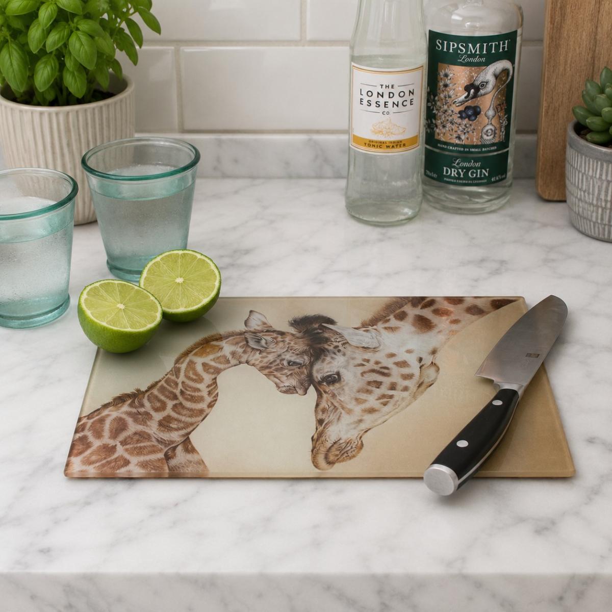 'Tenderness' Giraffe Portrait Glass Chopping Board by Wildlife Artist Angie