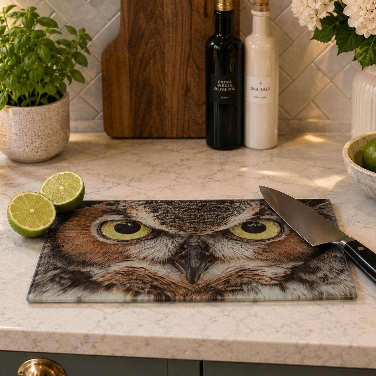 'A Thousand Yard Stare' Owl Glass Chopping Board by Wildlife Artist Angie