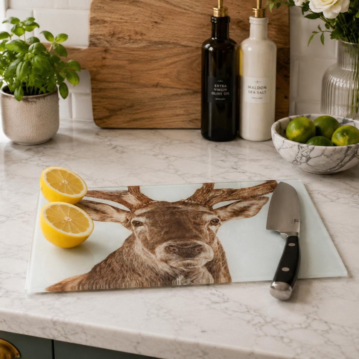 'Monarch' Red Deer Stag Glass Chopping Board by Wildlife Artist Angie
