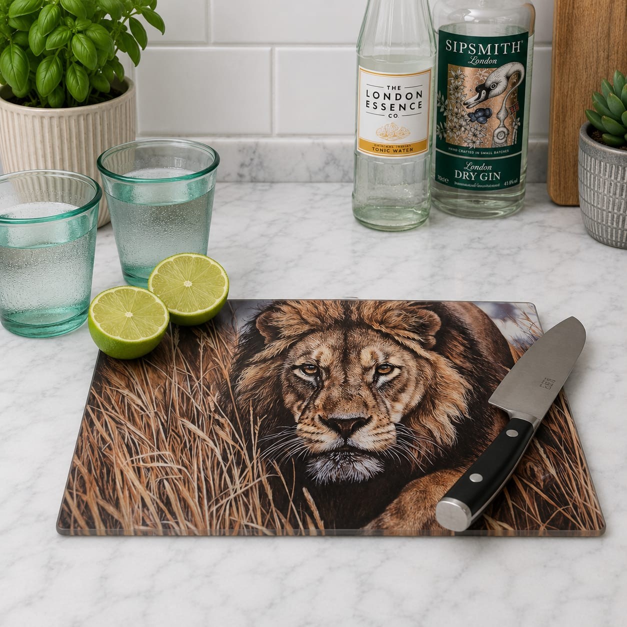 'Night Stalker' Lion Glass Chopping Board by Wildlife Artist Angie