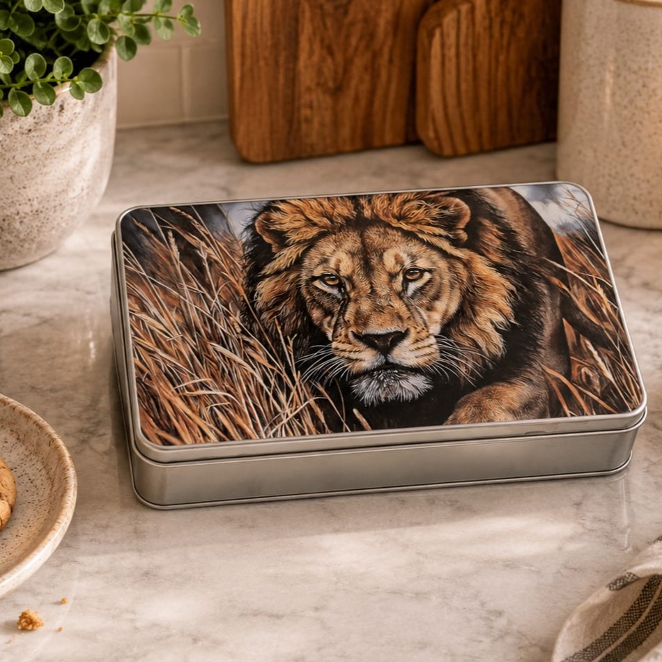 'Night Stalker' Lion rectangular storage tin by wildlife artist Angie.