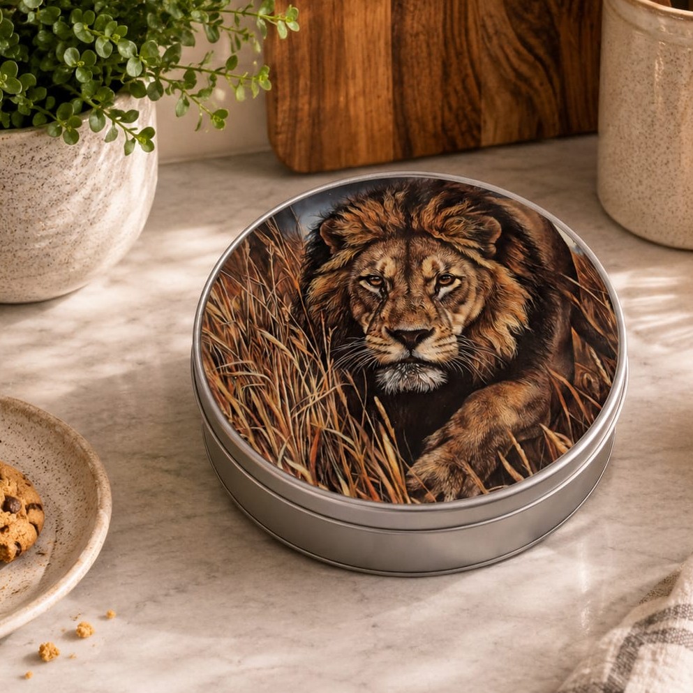 'Night Stalker' Lion round storage tin by wildlife artist Angie
